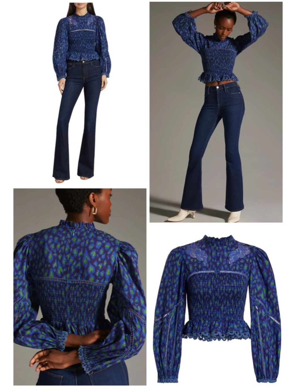 Farm Rio Leopard Pop Smocked Peplum Blouse Long Puff Sleeve Boho Top Size Medium - Picture 15 of 16